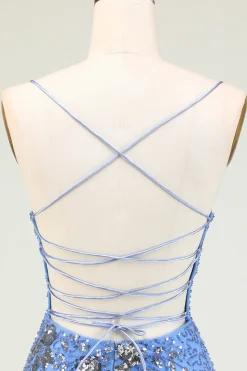Sparkly Sheath Espaghetti Correias Cinzento Azul Sequins Vestido Curto Homecoming com Criss Cross Back