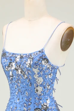 Sparkly Sheath Espaghetti Correias Cinzento Azul Sequins Vestido Curto Homecoming com Criss Cross Back