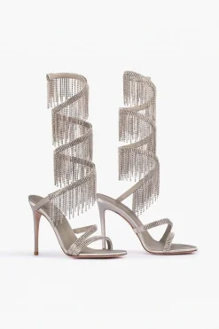 Sparkly Silver Beading Strappy Tassels Dedo Aberto Salto Alto
