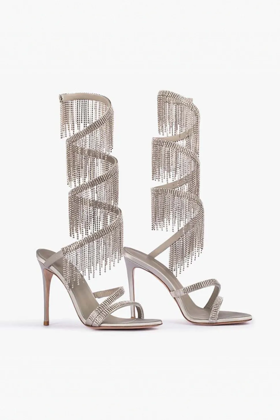 Sparkly Silver Beading Strappy Tassels Dedo Aberto Salto Alto