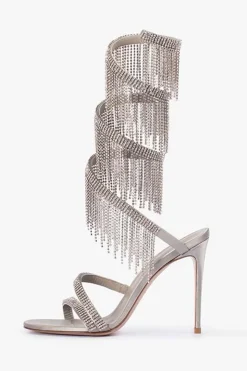 Sparkly Silver Beading Strappy Tassels Dedo Aberto Salto Alto