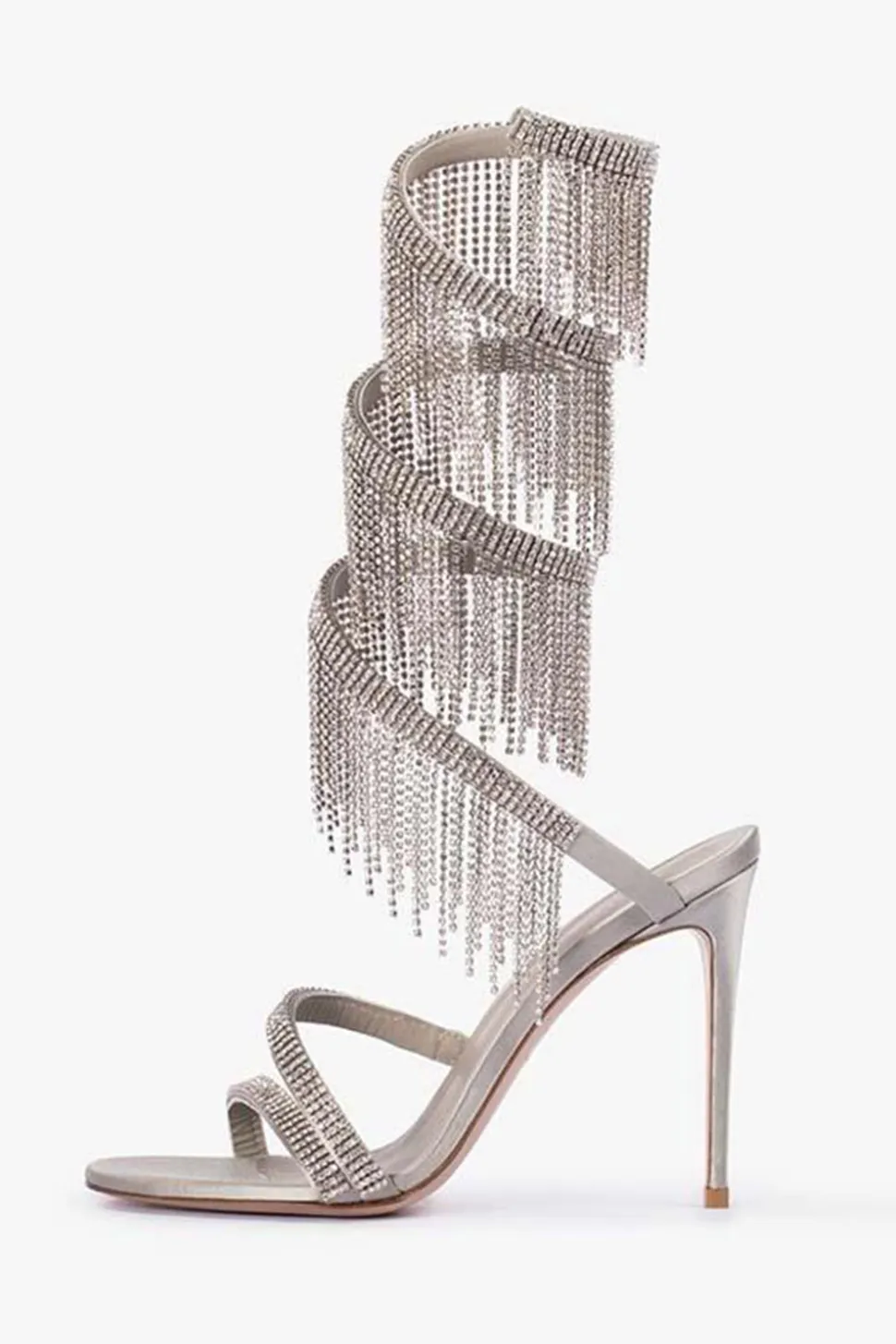 Sparkly Silver Beading Strappy Tassels Dedo Aberto Salto Alto
