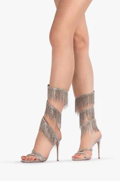 Sparkly Silver Beading Strappy Tassels Dedo Aberto Salto Alto