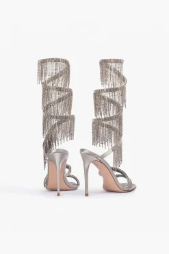 Sparkly Silver Beading Strappy Tassels Dedo Aberto Salto Alto