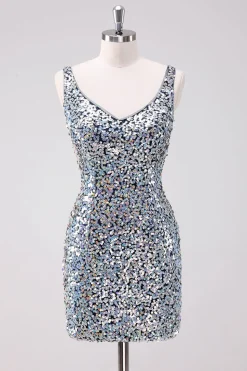Sparkly Silver Bodycon V-Neck Vestido Curto Homecoming com Sequins