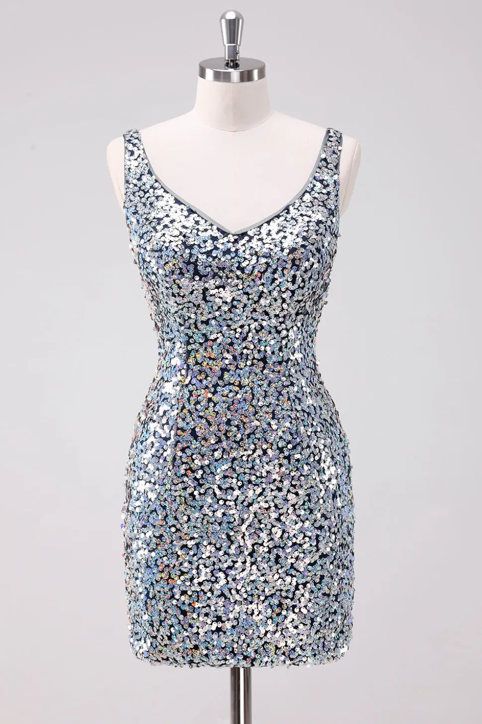 Sparkly Silver Bodycon V-Neck Vestido Curto Homecoming com Sequins