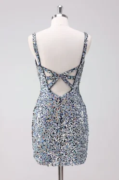 Sparkly Silver Bodycon V-Neck Vestido Curto Homecoming com Sequins