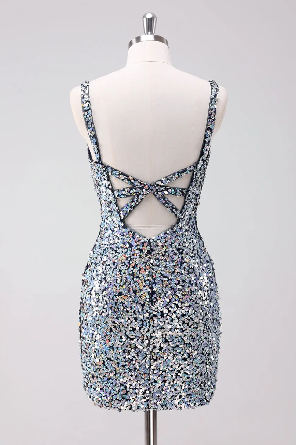Sparkly Silver Bodycon V-Neck Vestido Curto Homecoming com Sequins