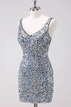 Sparkly Silver Bodycon V-Neck Vestido Curto Homecoming com Sequins