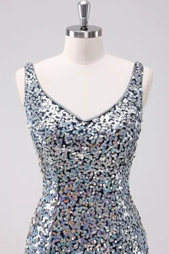 Sparkly Silver Bodycon V-Neck Vestido Curto Homecoming com Sequins