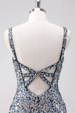 Sparkly Silver Bodycon V-Neck Vestido Curto Homecoming com Sequins