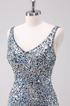 Sparkly Silver Bodycon V-Neck Vestido Curto Homecoming com Sequins