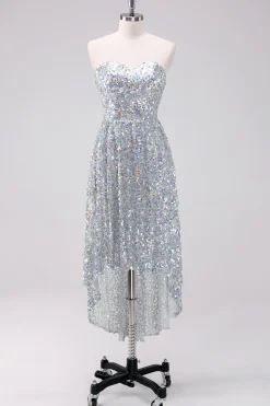 Sparkly Silver Sweetheart Vestido Curto Homecoming Assimétrico com Sequins