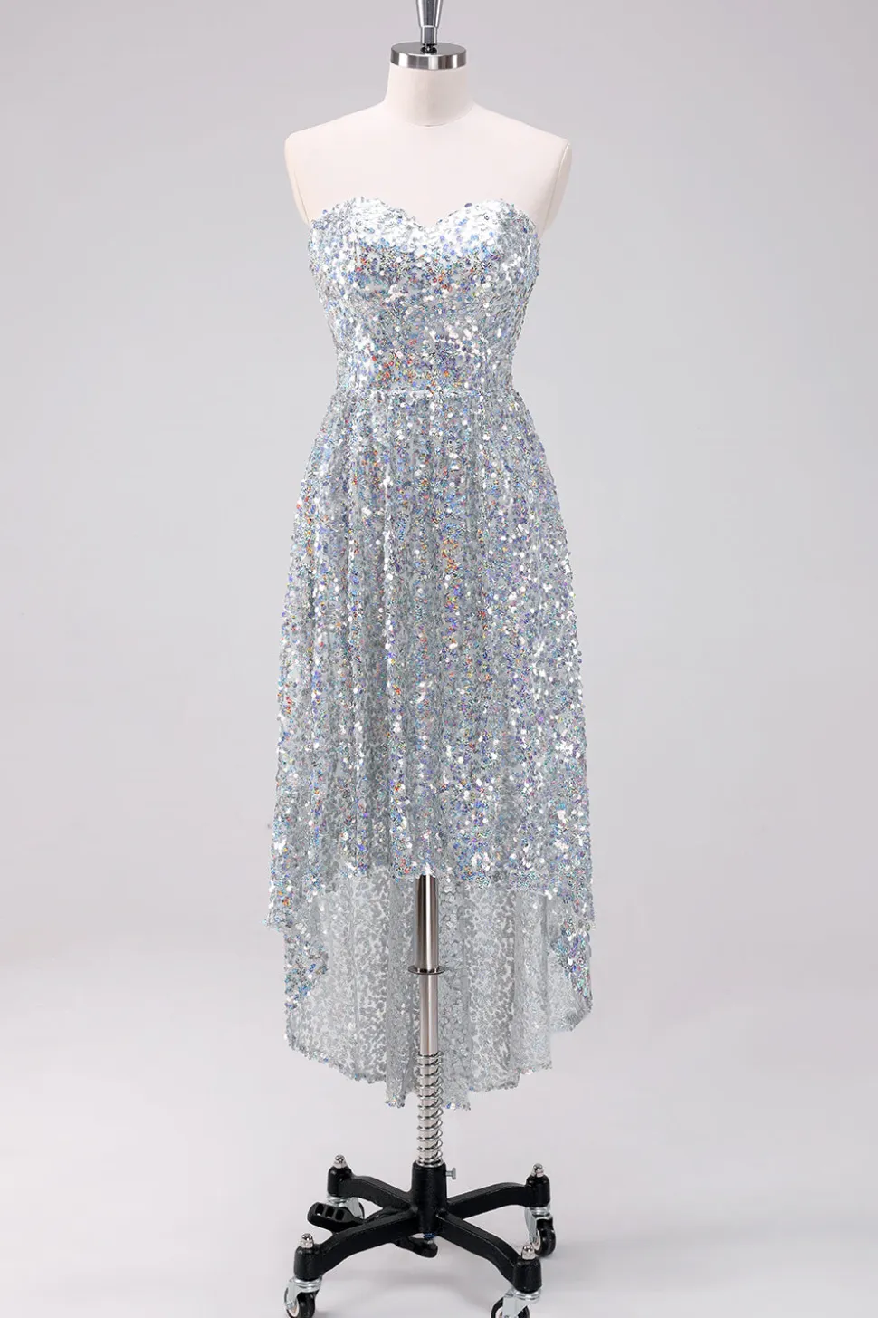 Sparkly Silver Sweetheart Vestido Curto Homecoming Assimétrico com Sequins