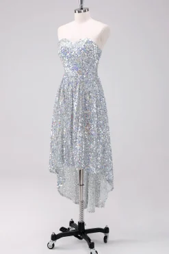 Sparkly Silver Sweetheart Vestido Curto Homecoming Assimétrico com Sequins