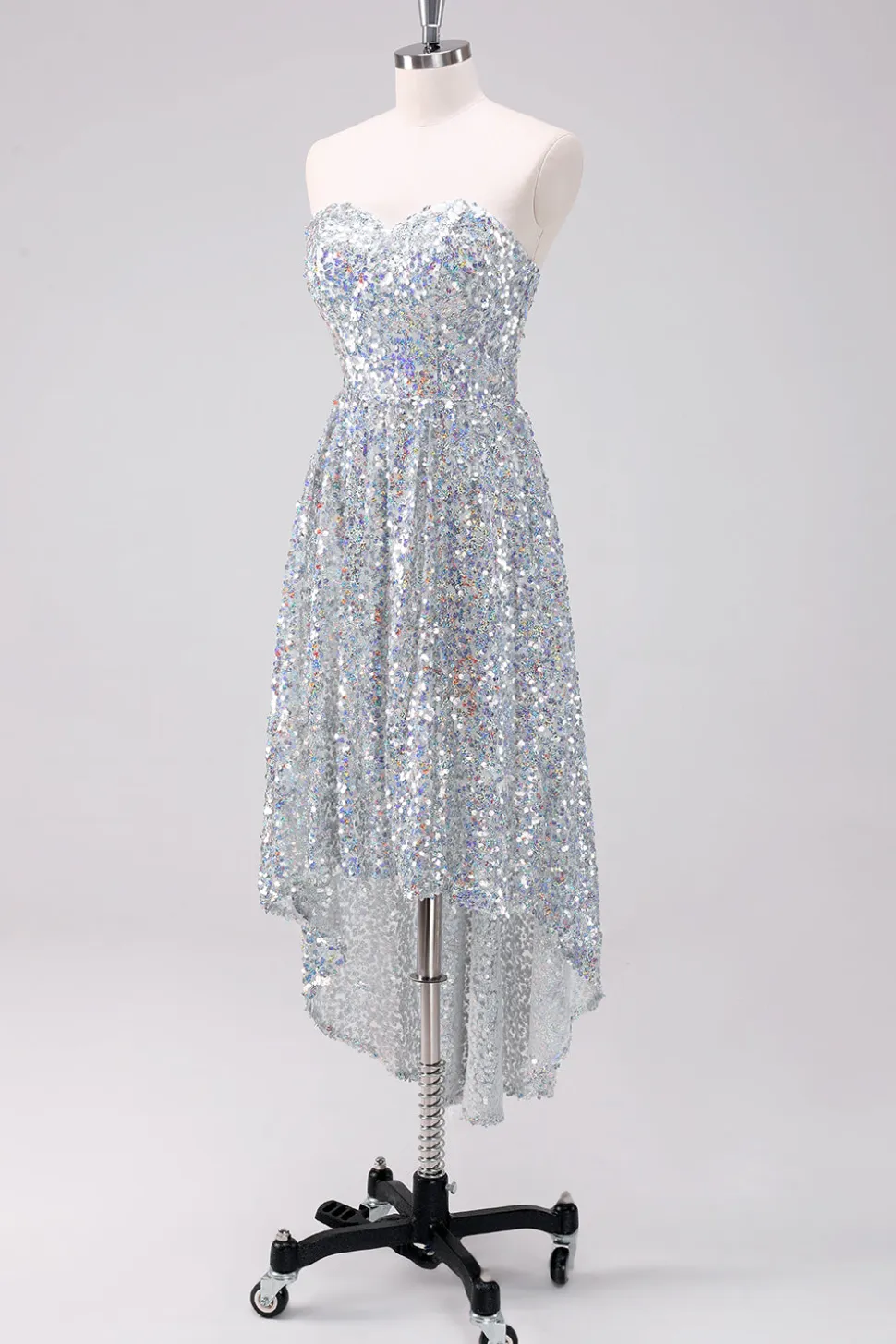 Sparkly Silver Sweetheart Vestido Curto Homecoming Assimétrico com Sequins