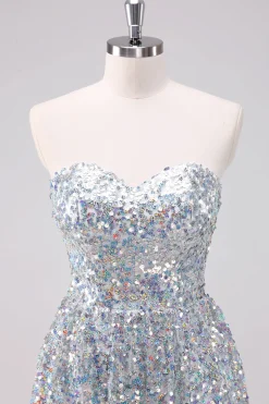 Sparkly Silver Sweetheart Vestido Curto Homecoming Assimétrico com Sequins