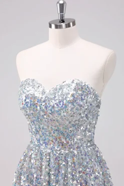 Sparkly Silver Sweetheart Vestido Curto Homecoming Assimétrico com Sequins