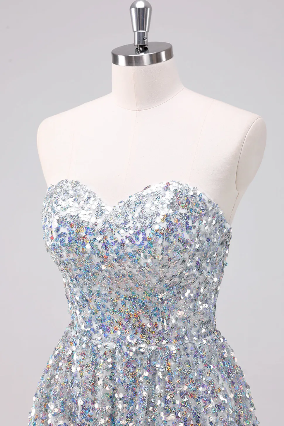 Sparkly Silver Sweetheart Vestido Curto Homecoming Assimétrico com Sequins