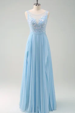 Sparkly Sky Blue Bateau Neck plissado longo vestido de dama de honra
