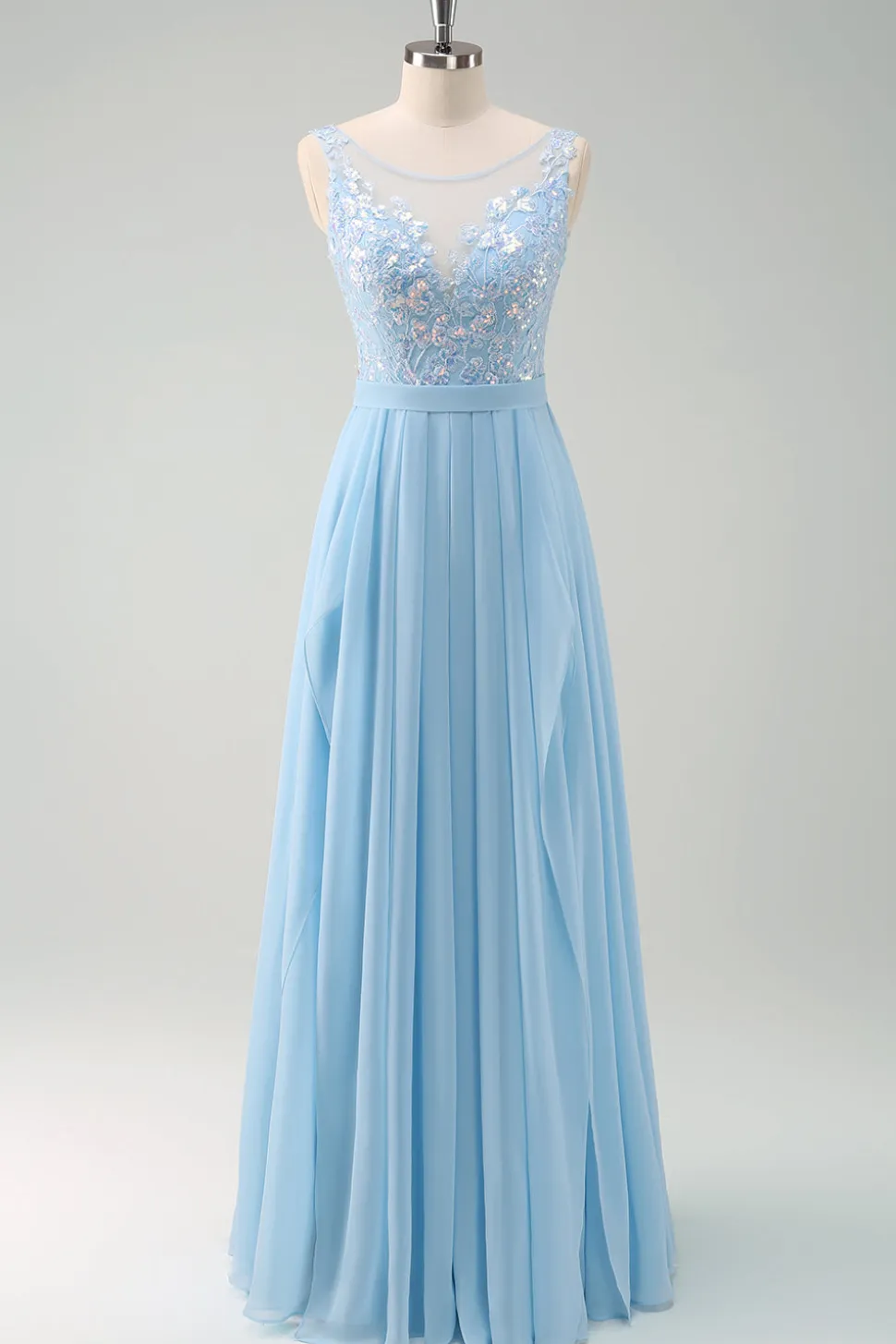 Sparkly Sky Blue Bateau Neck plissado longo vestido de dama de honra