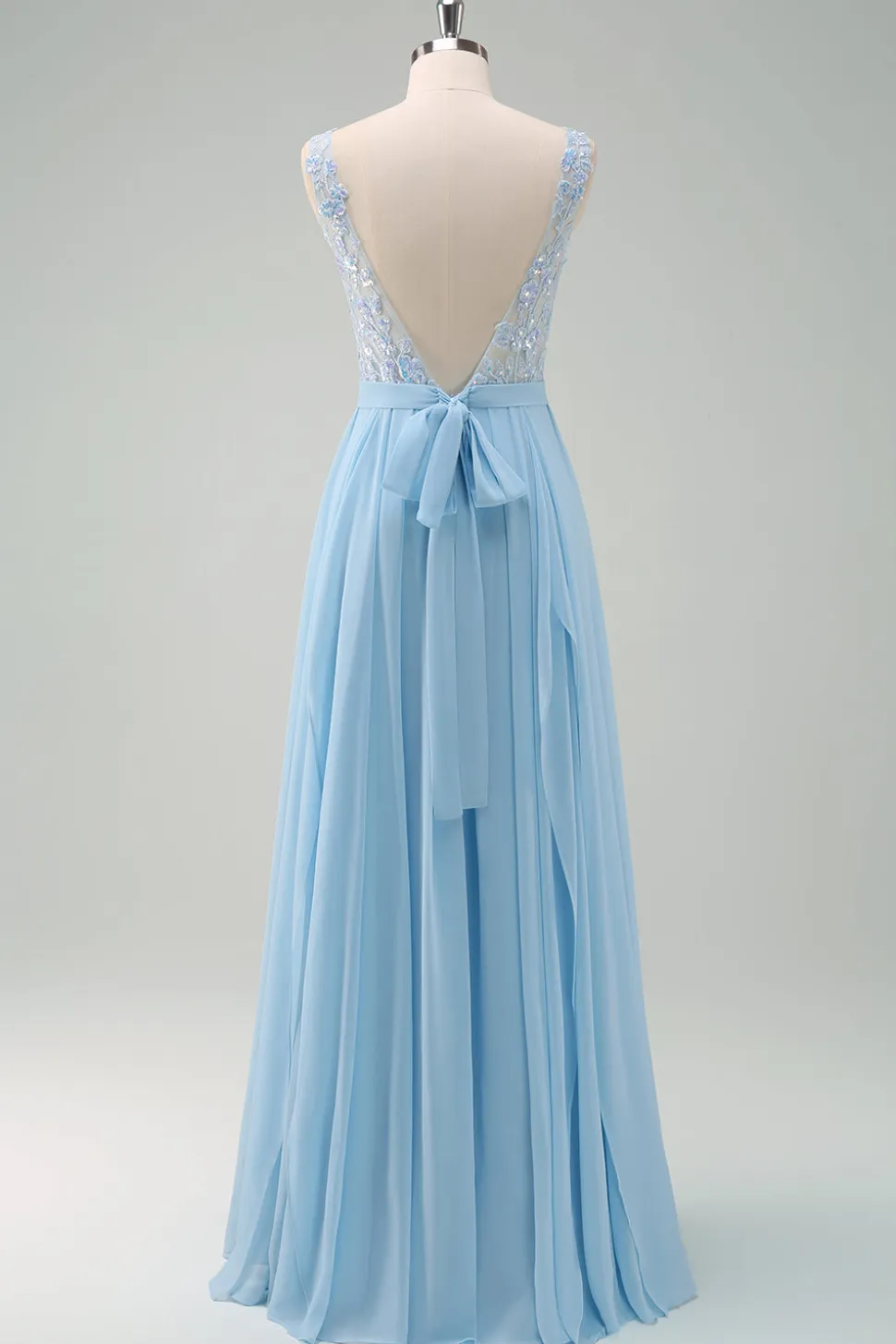 Sparkly Sky Blue Bateau Neck plissado longo vestido de dama de honra