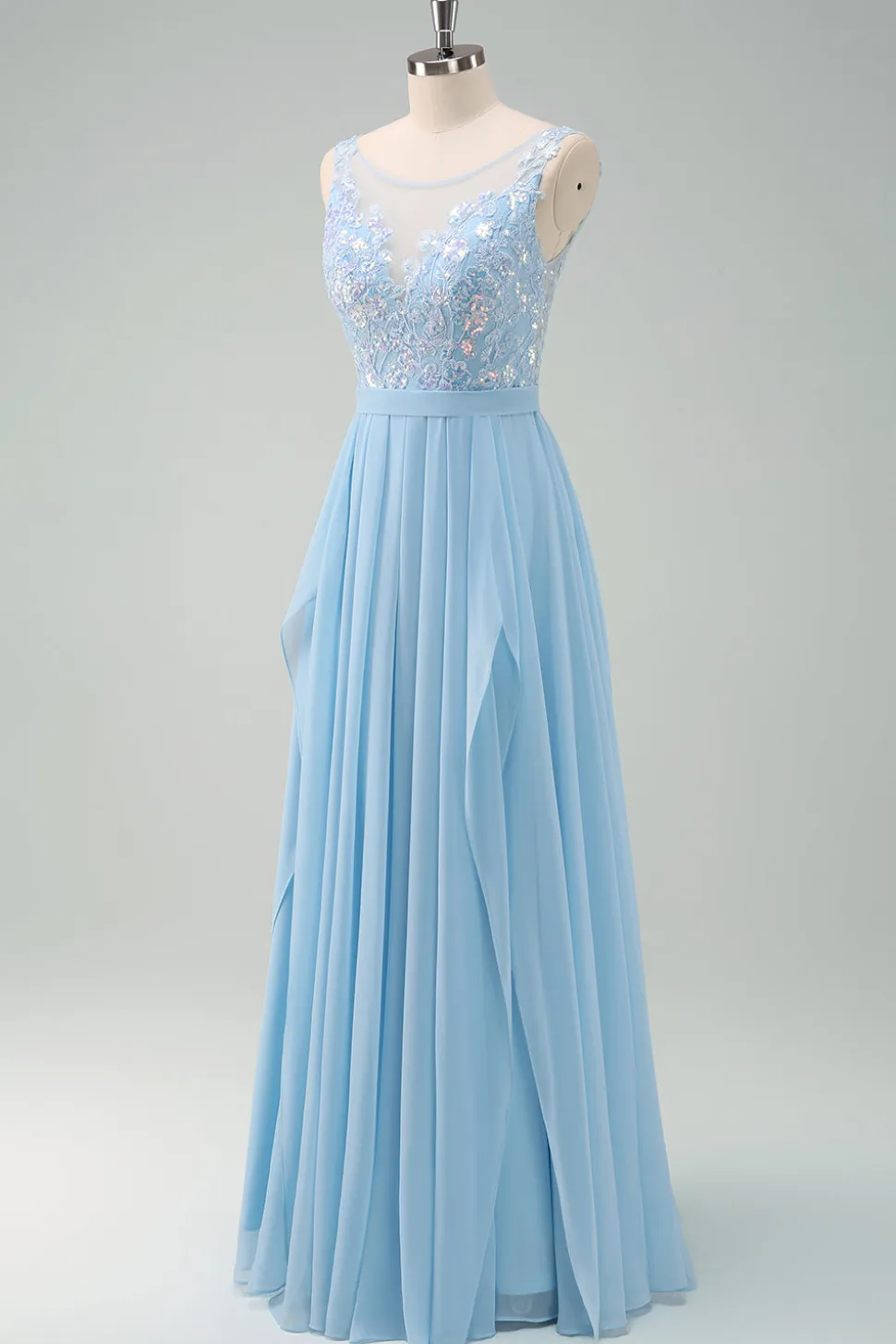 Sparkly Sky Blue Bateau Neck plissado longo vestido de dama de honra