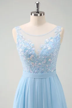 Sparkly Sky Blue Bateau Neck plissado longo vestido de dama de honra