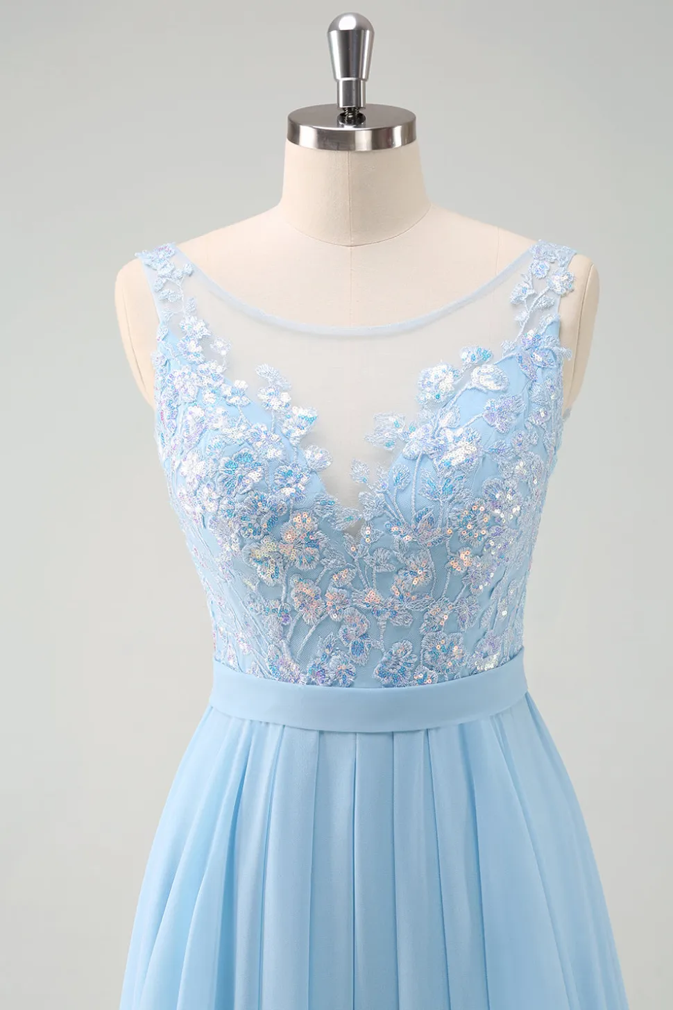 Sparkly Sky Blue Bateau Neck plissado longo vestido de dama de honra