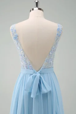 Sparkly Sky Blue Bateau Neck plissado longo vestido de dama de honra