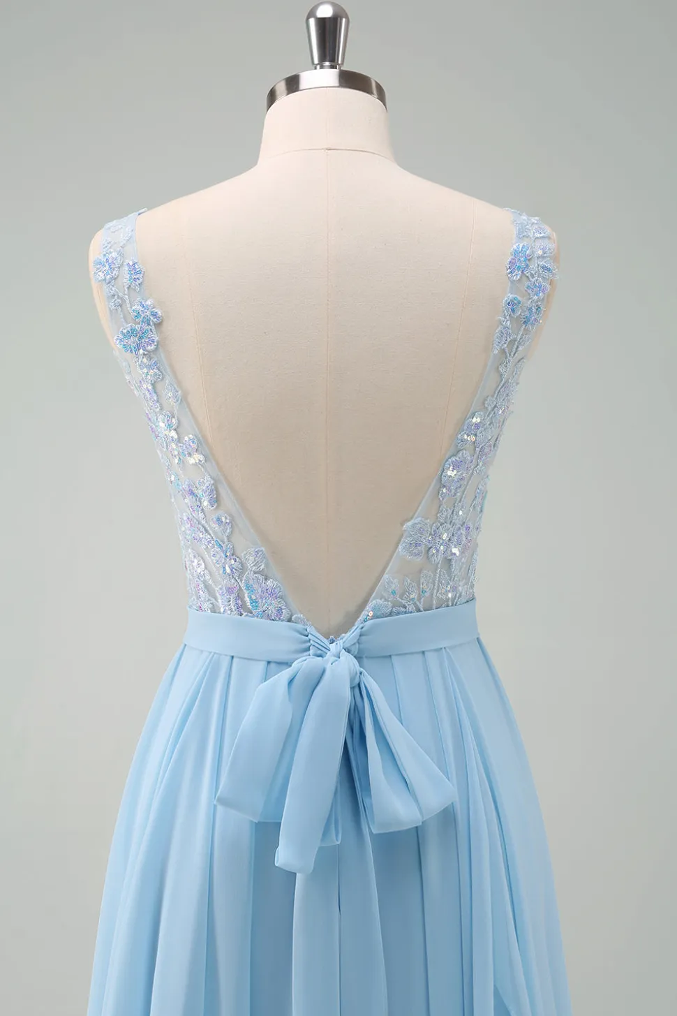 Sparkly Sky Blue Bateau Neck plissado longo vestido de dama de honra
