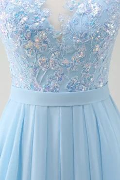 Sparkly Sky Blue Bateau Neck plissado longo vestido de dama de honra