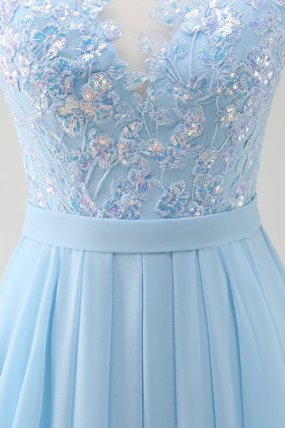 Sparkly Sky Blue Bateau Neck plissado longo vestido de dama de honra