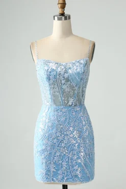 Sparkly Sky Blue Esparguete Correias Frisado Vestido Curto Homecoming