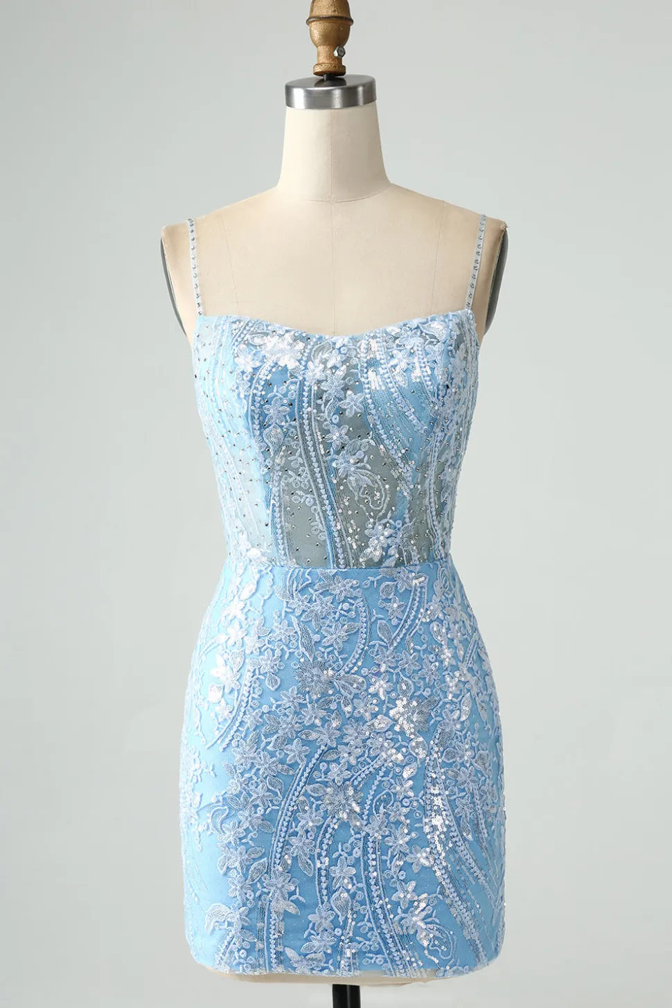 Sparkly Sky Blue Esparguete Correias Frisado Vestido Curto Homecoming