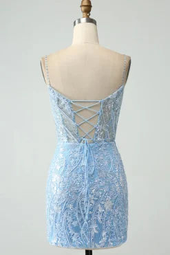 Sparkly Sky Blue Esparguete Correias Frisado Vestido Curto Homecoming
