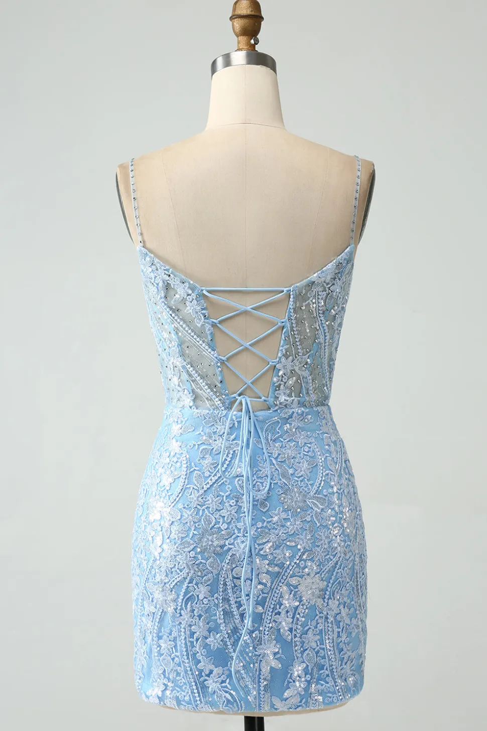 Sparkly Sky Blue Esparguete Correias Frisado Vestido Curto Homecoming