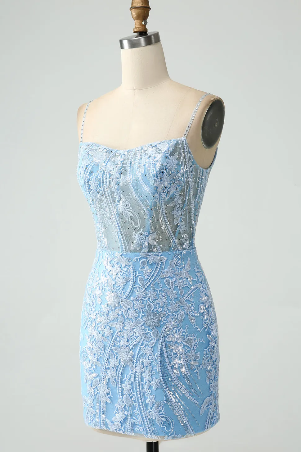 Sparkly Sky Blue Esparguete Correias Frisado Vestido Curto Homecoming