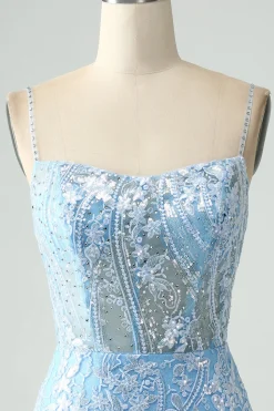 Sparkly Sky Blue Esparguete Correias Frisado Vestido Curto Homecoming