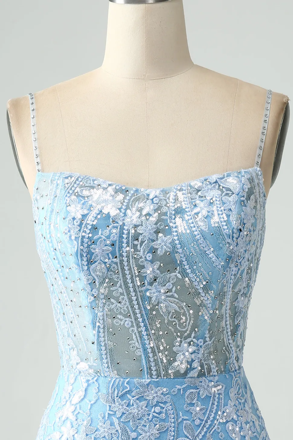 Sparkly Sky Blue Esparguete Correias Frisado Vestido Curto Homecoming