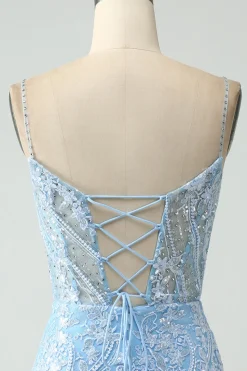 Sparkly Sky Blue Esparguete Correias Frisado Vestido Curto Homecoming