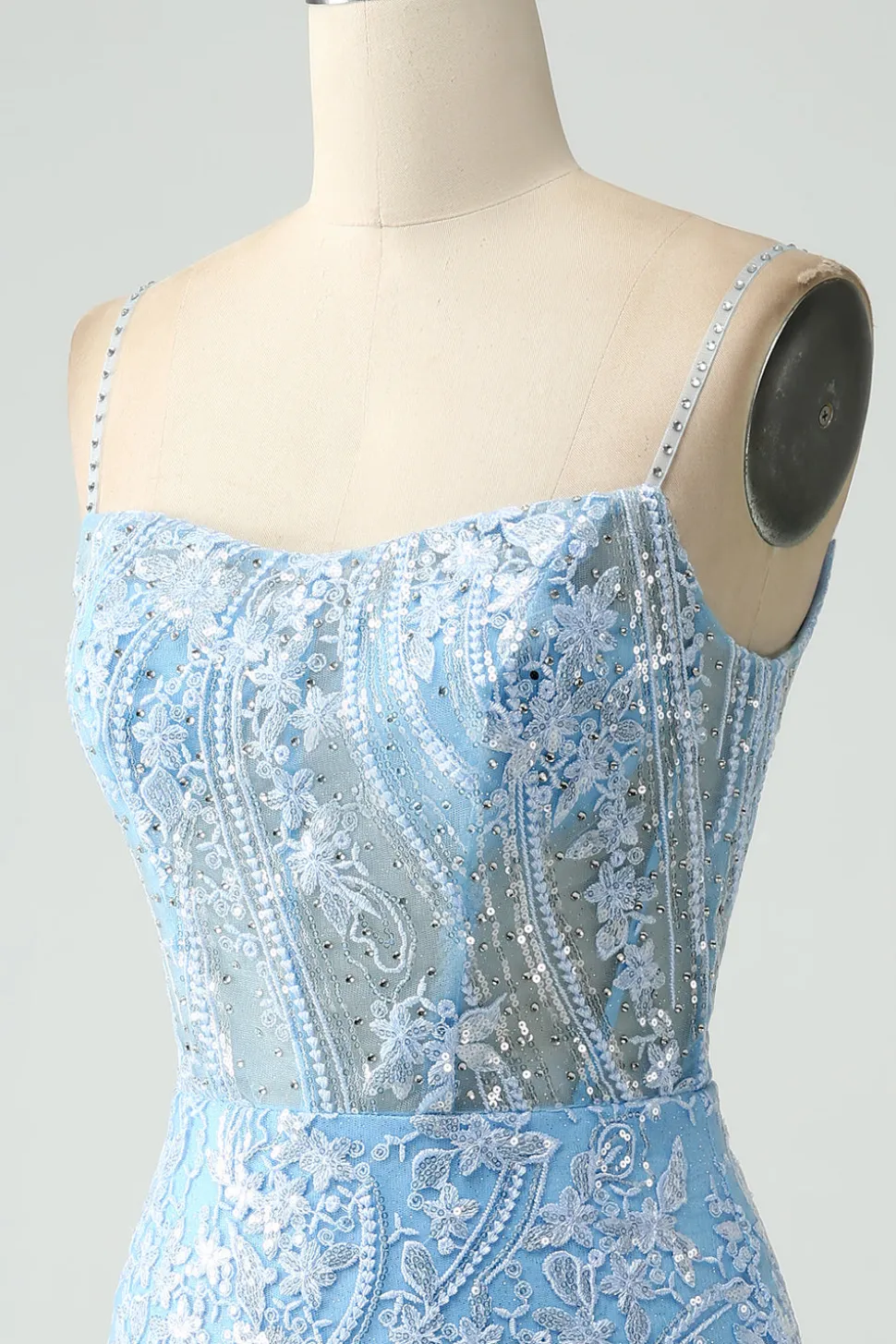 Sparkly Sky Blue Esparguete Correias Frisado Vestido Curto Homecoming