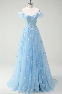 Sparkly Sky Blue fora do ombro A-Line vestido de baile com fenda