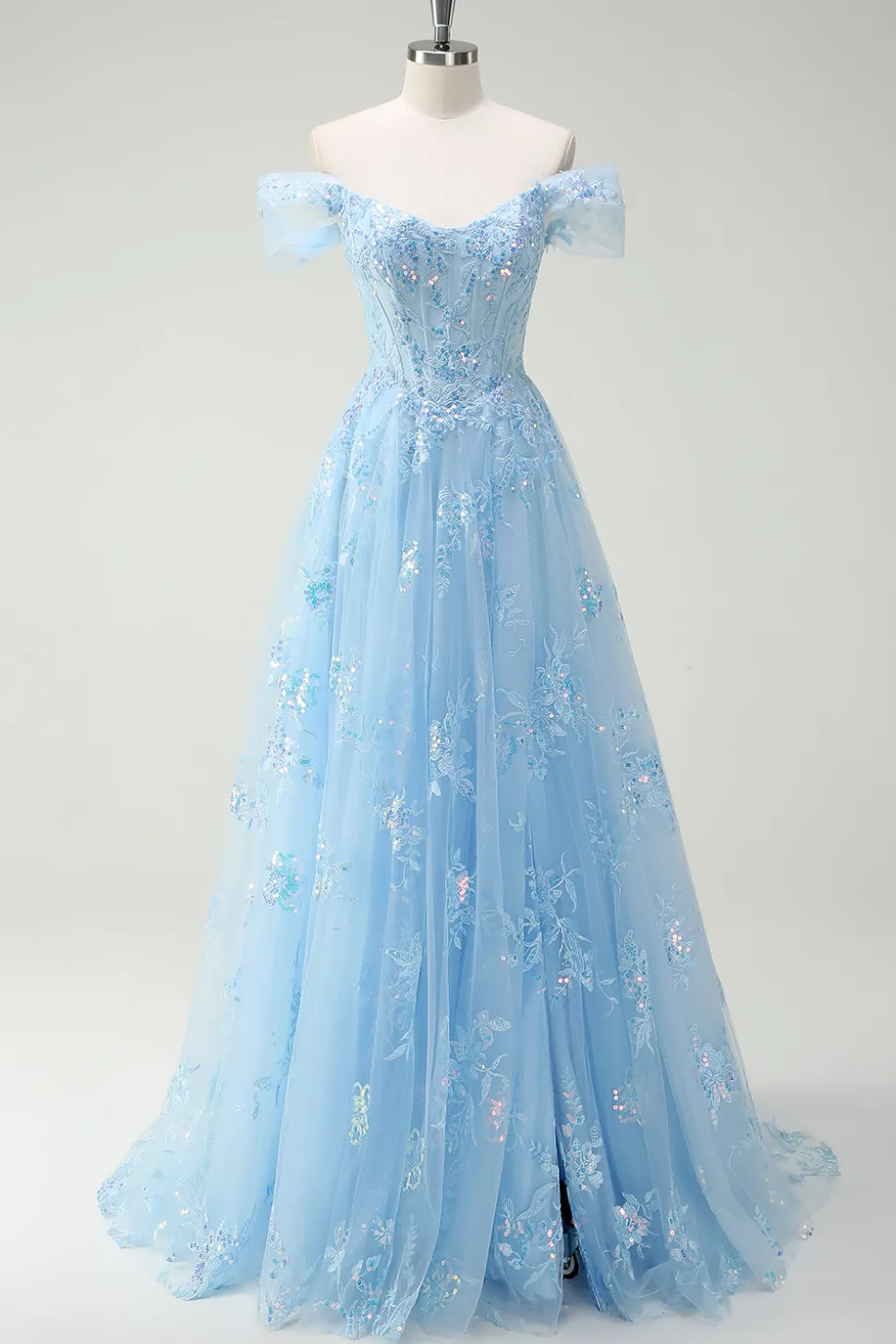 Sparkly Sky Blue fora do ombro A-Line vestido de baile com fenda