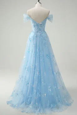 Sparkly Sky Blue fora do ombro A-Line vestido de baile com fenda