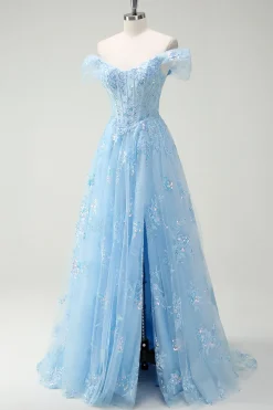 Sparkly Sky Blue fora do ombro A-Line vestido de baile com fenda
