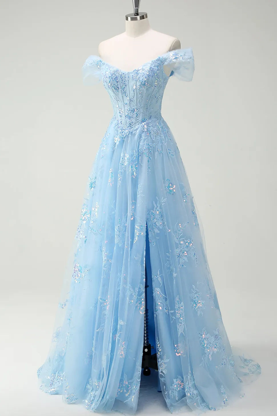 Sparkly Sky Blue fora do ombro A-Line vestido de baile com fenda