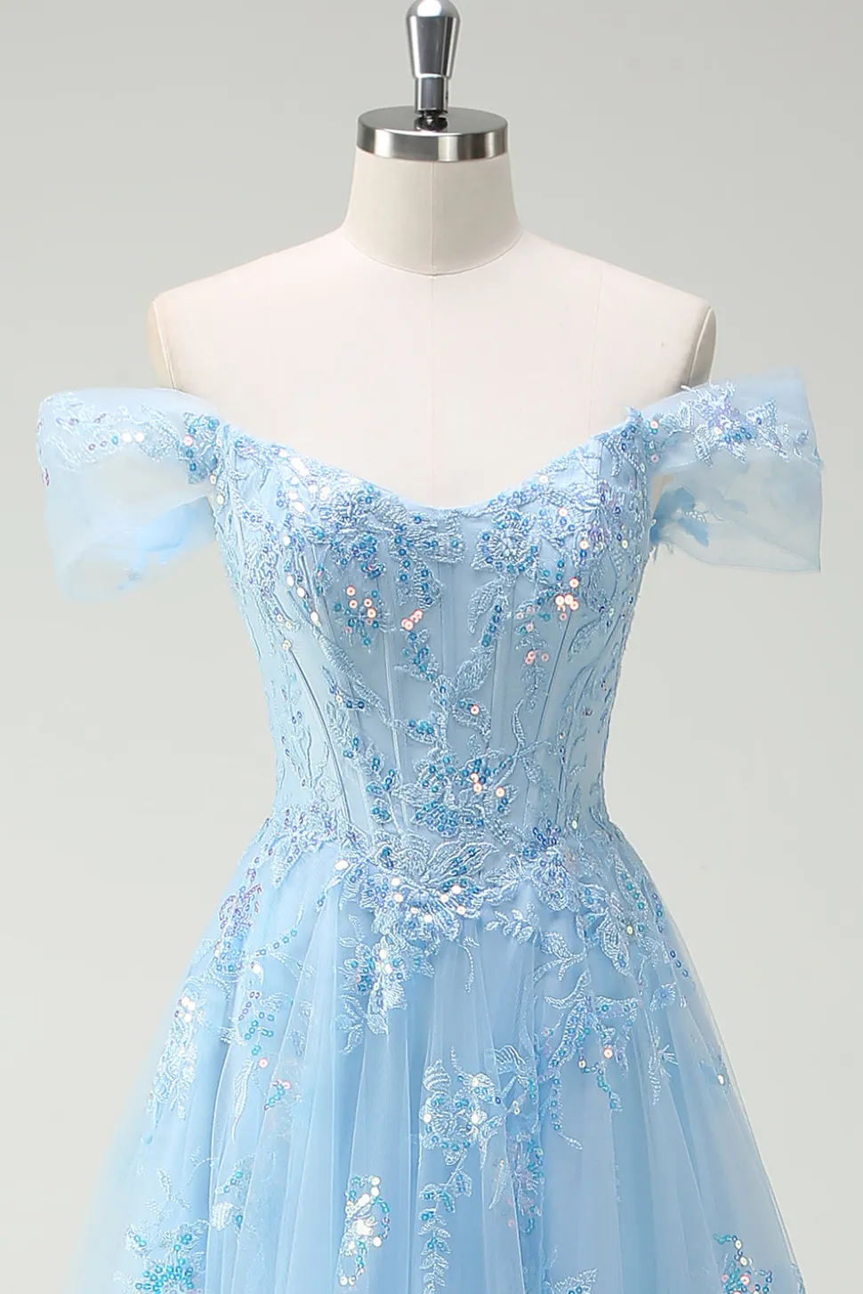 Sparkly Sky Blue fora do ombro A-Line vestido de baile com fenda