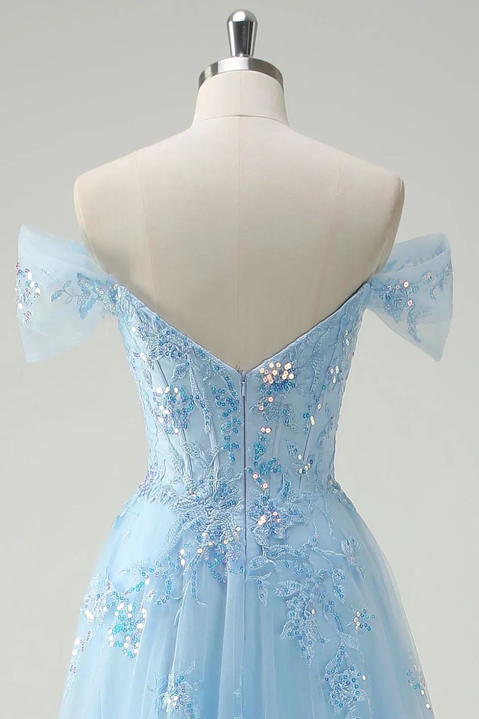 Sparkly Sky Blue fora do ombro A-Line vestido de baile com fenda