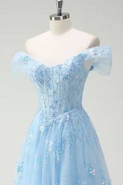 Sparkly Sky Blue fora do ombro A-Line vestido de baile com fenda